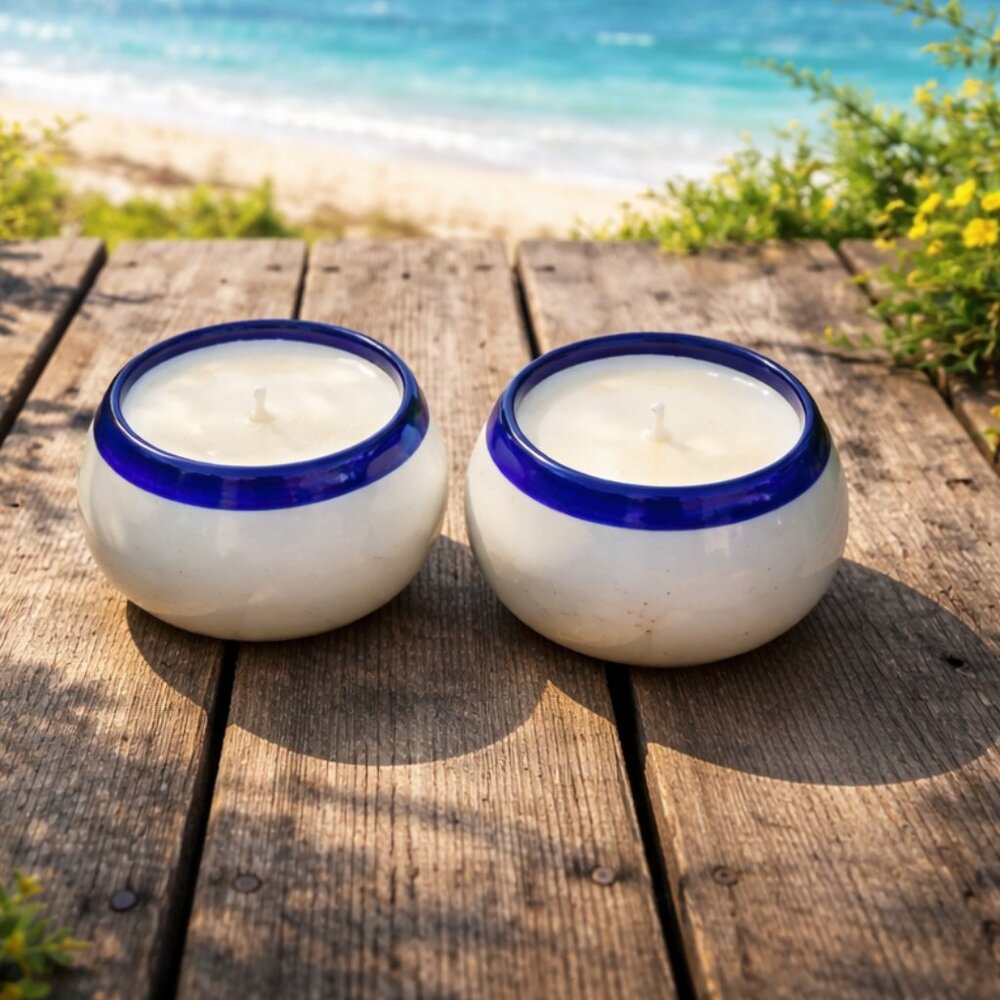 Set of 2 Colbalt Blue Rimmed Mexican Glass Small‎ Candles - New